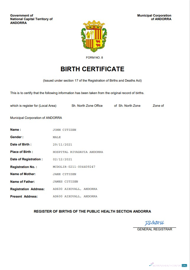 Download Andorra vital record birth certificate Word and PDF template Photoshop template